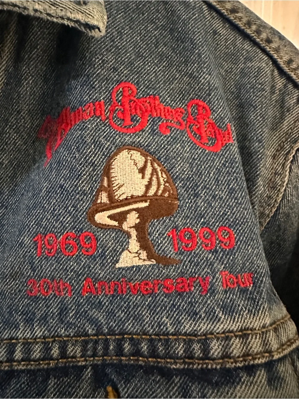 Denim Trucker Jacket in Medium Blue - Embroidered Allman Brothers